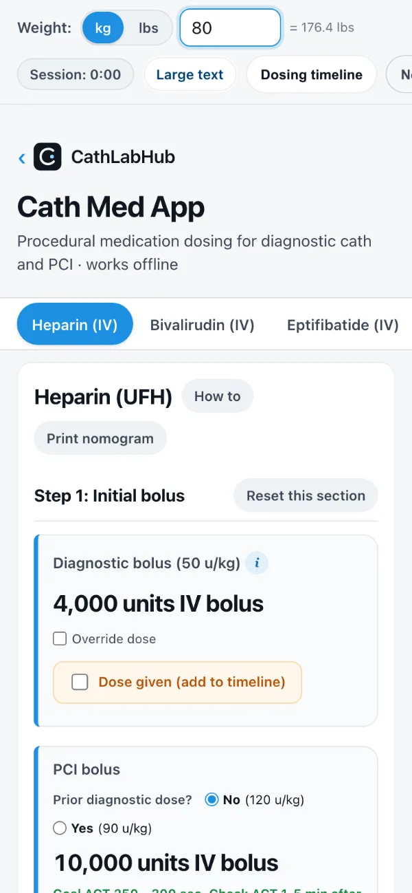 The Cath Med App with heparin dosed for an 80 kg patient